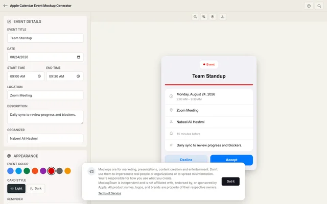 Free Apple Calendar Event Mockup Generator full page preview