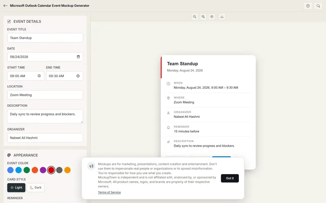 Outlook Calendar Event Mockup Generator