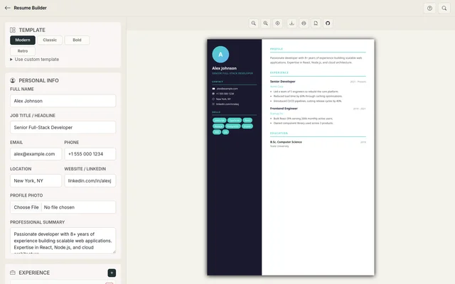 Resume Builder workspace
