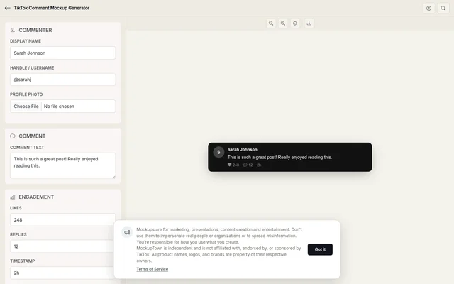 Free TikTok Comment Mockup Generator full page preview