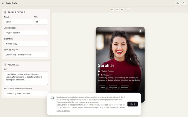Tinder Profile Mockup Generator